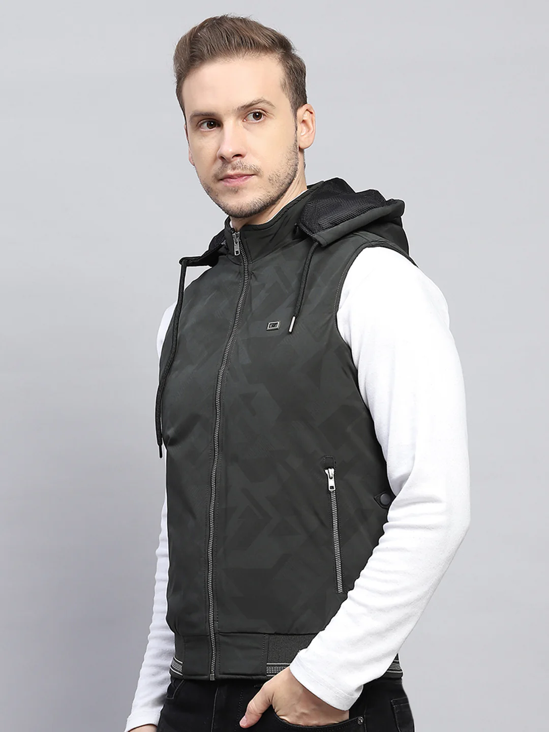 Men Dark Green Printed Hooded Sleeveless Jacket - Image 2
