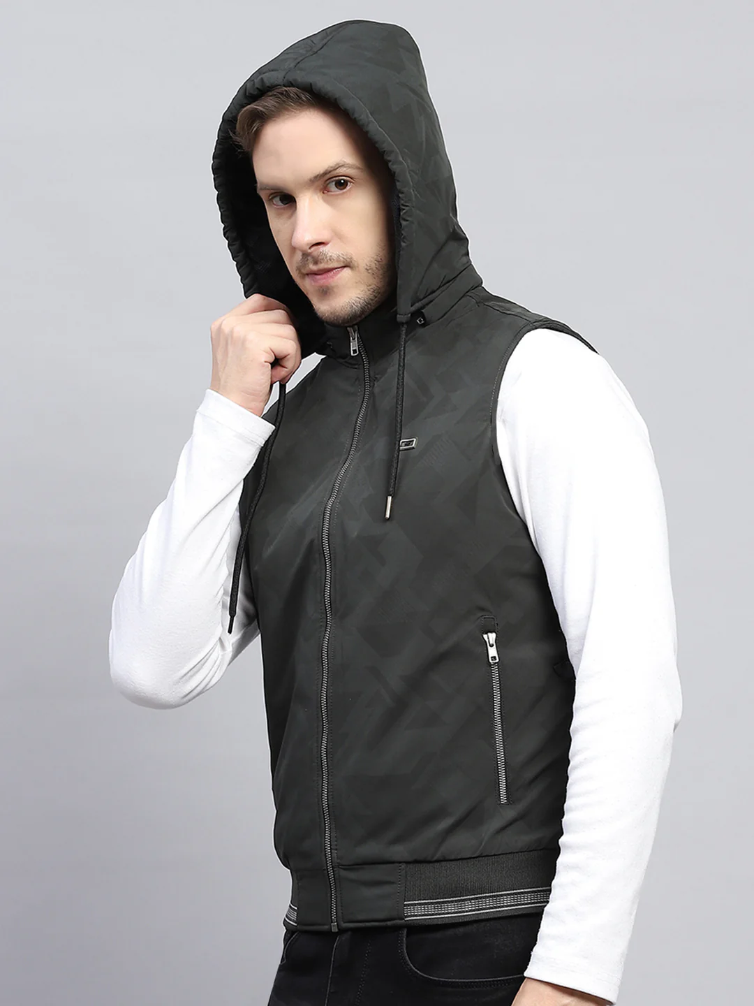 Men Dark Green Printed Hooded Sleeveless Jacket - Image 7