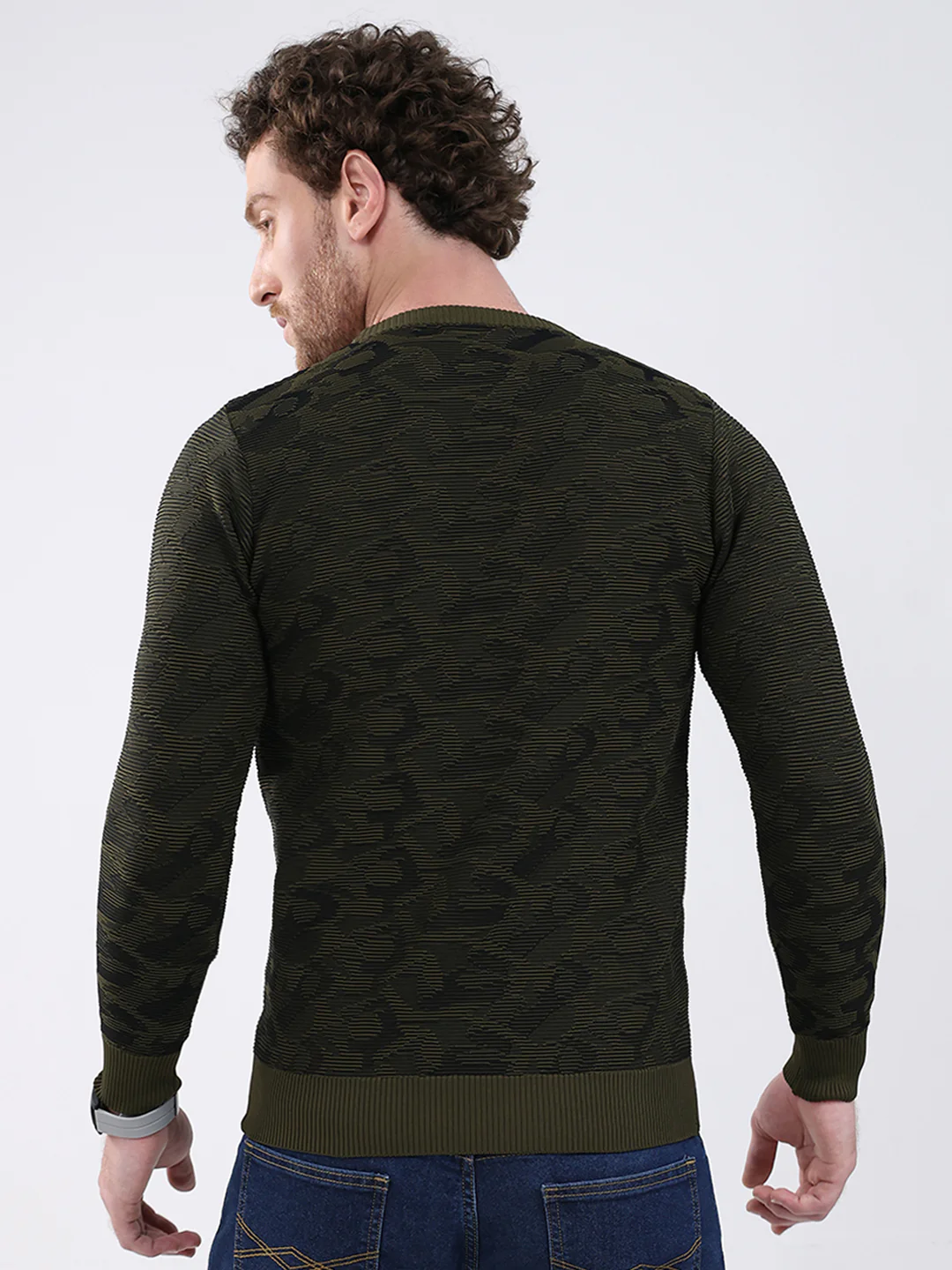 Men Dark Green Self Design Round Neck Full Sleeve Pullover - Image 5
