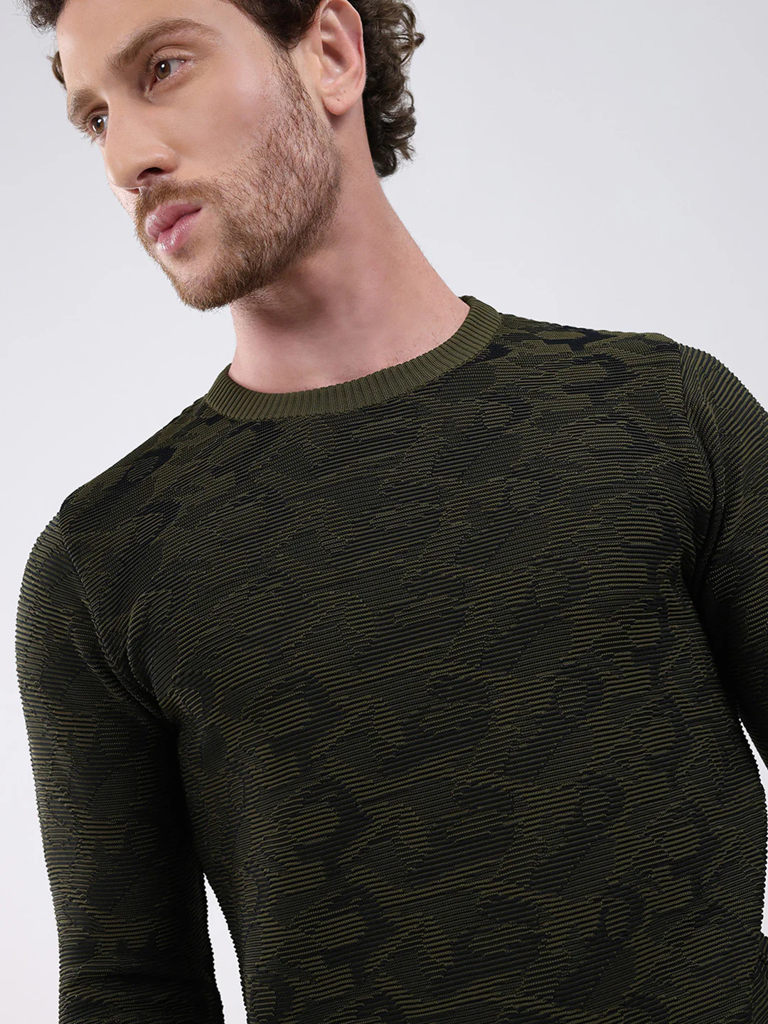 Men Dark Green Self Design Round Neck Full Sleeve Pullover - Image 6