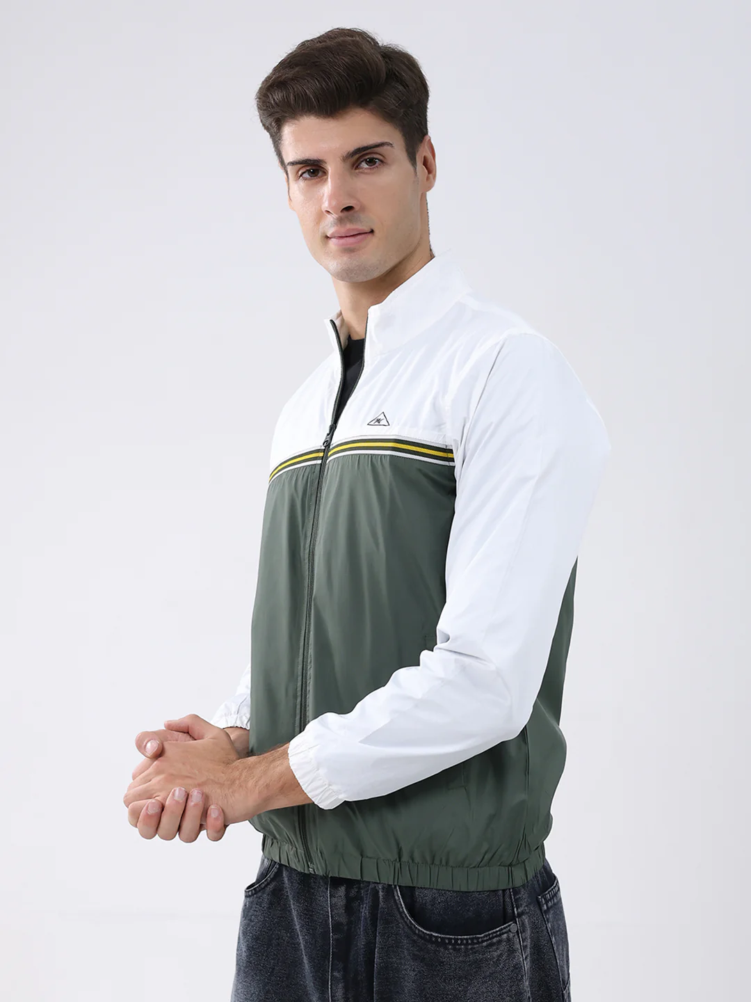 Men Dark Green Self Design Stand Collar Full Sleeve Jacket - Image 3