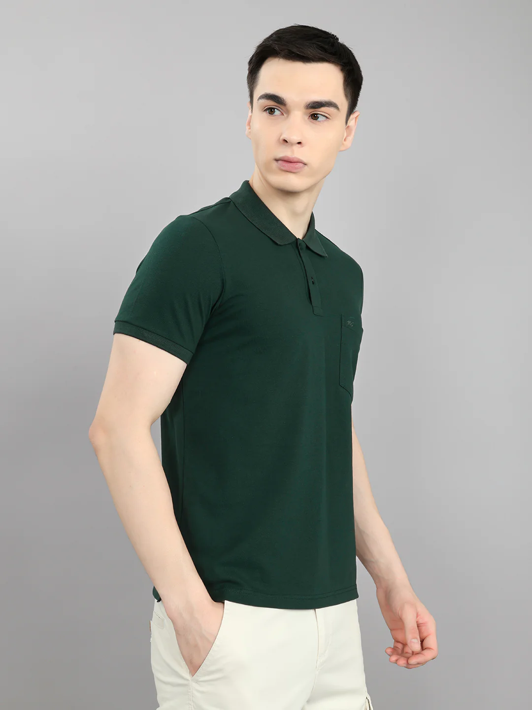 Men Dark Green Solid Collar Half Sleeve T-Shirt - Image 3