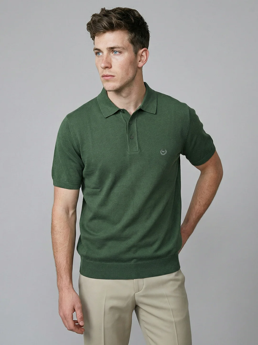 Men Dark Green Solid Collar Half Sleeve T-Shirt - Image 2