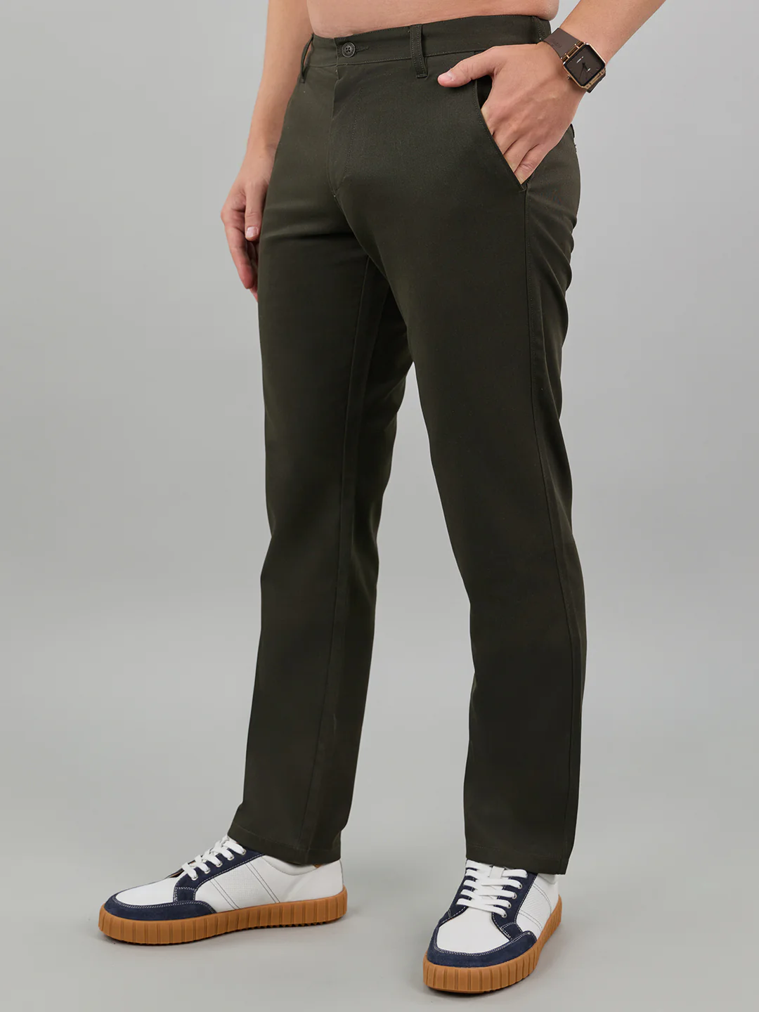 Men Dark Green Solid Regular Fit Trouser - Image 2