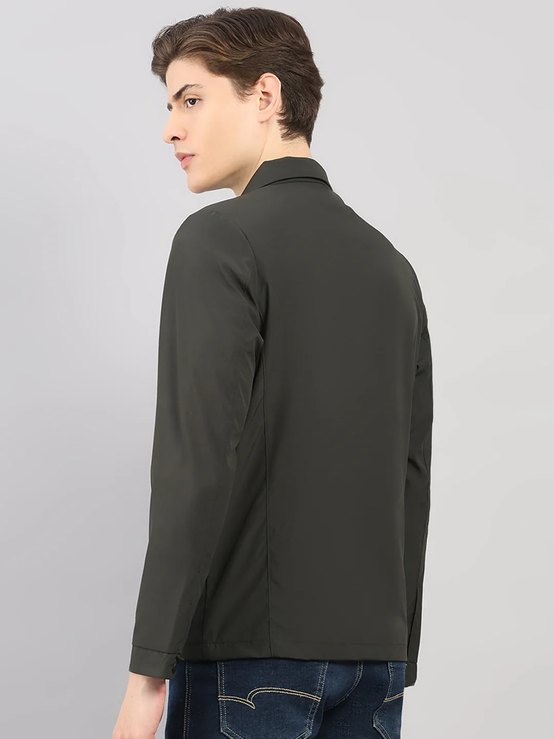 Men Dark Green Solid Stand Collar Full Sleeve Jacket - Image 5
