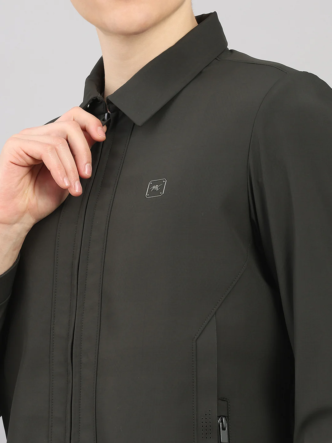 Men Dark Green Solid Stand Collar Full Sleeve Jacket - Image 6