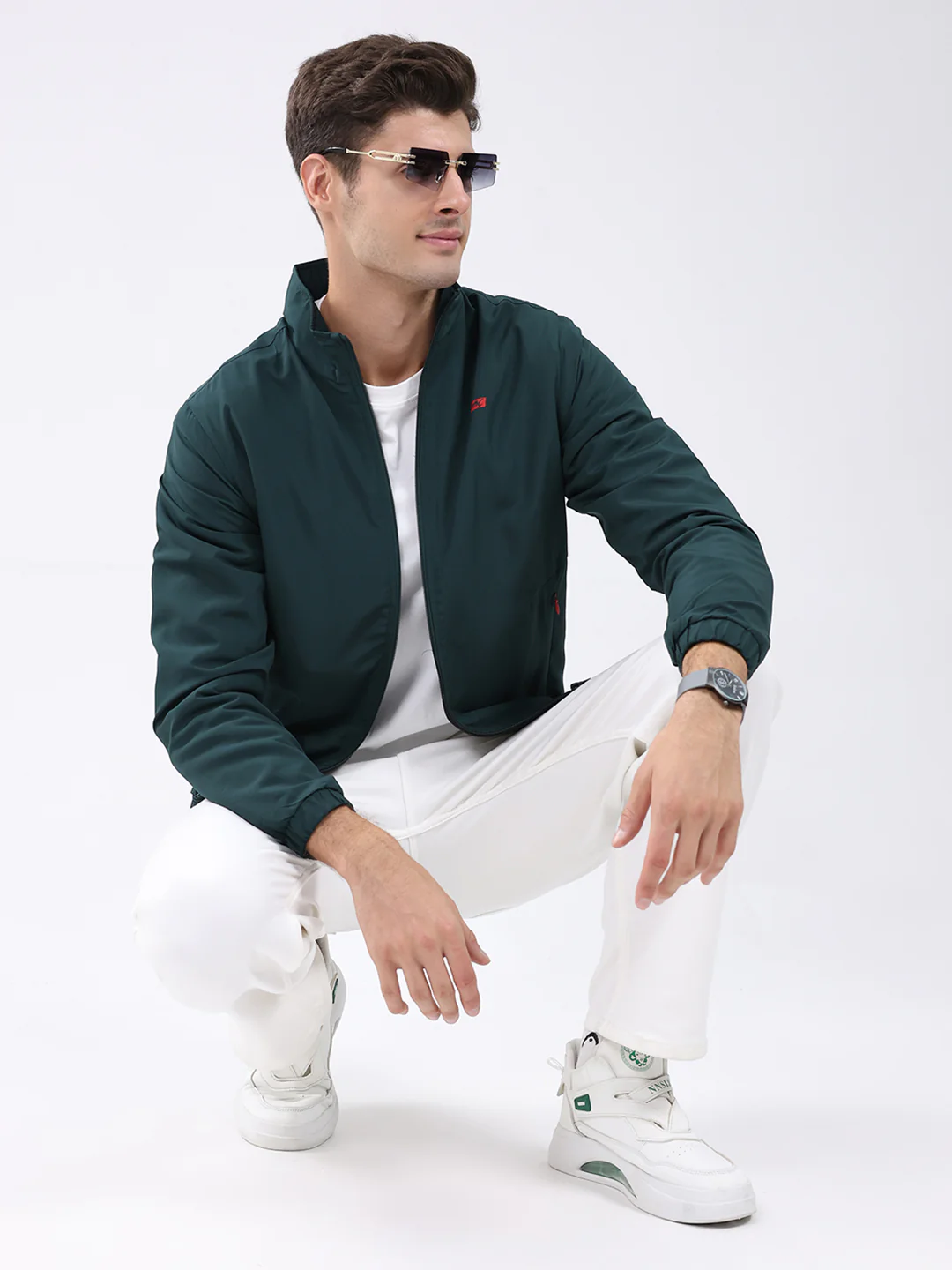 Men Dark Green Solid Stand Collar Full Sleeve Jacket - Image 6