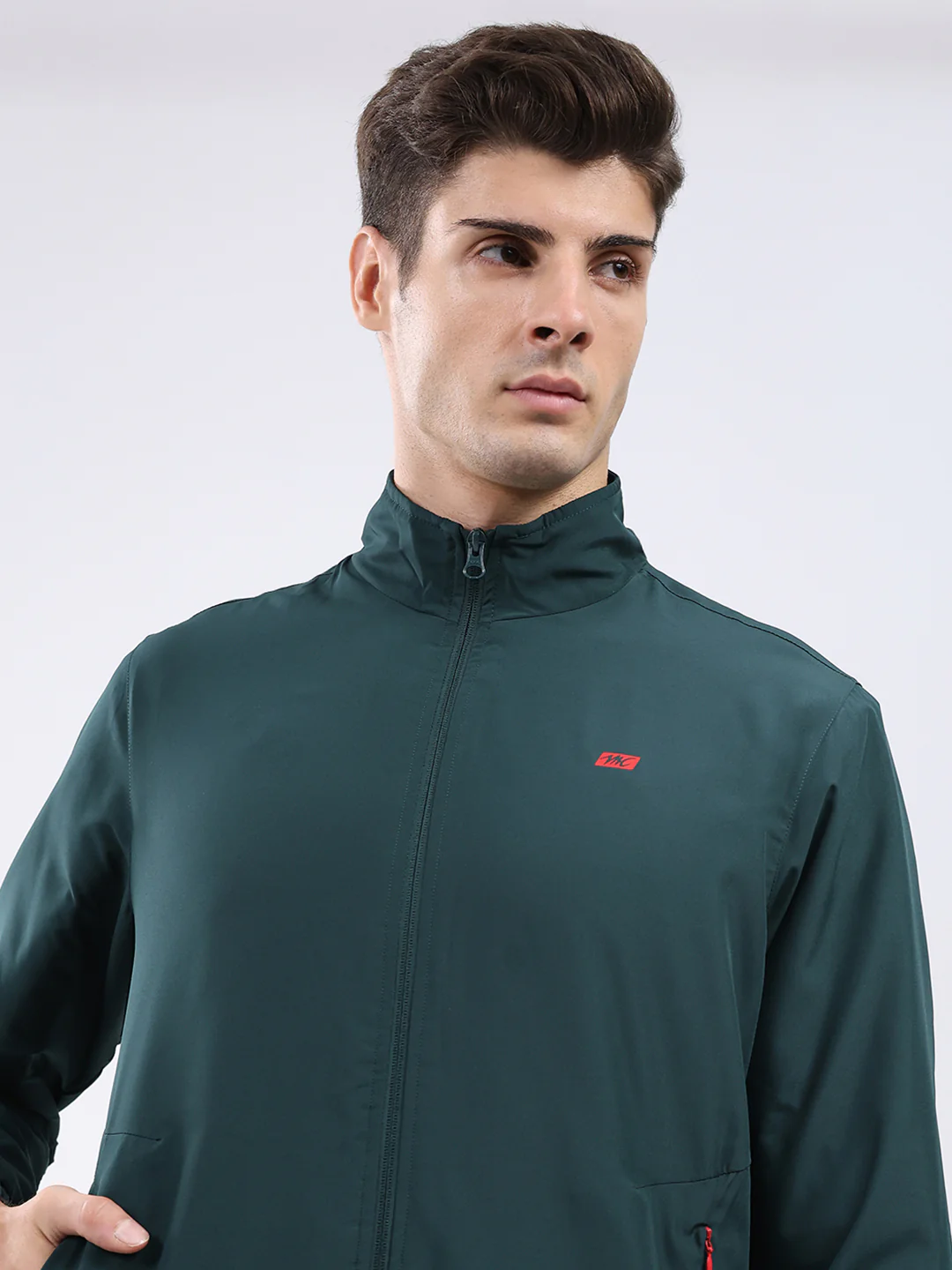 Men Dark Green Solid Stand Collar Full Sleeve Jacket - Image 7