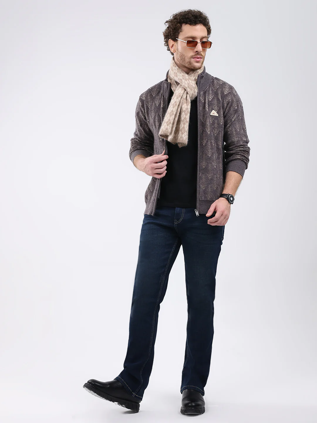 Men Dark Grey Self Design Mock Neck Full Sleeve Pullover - Image 2