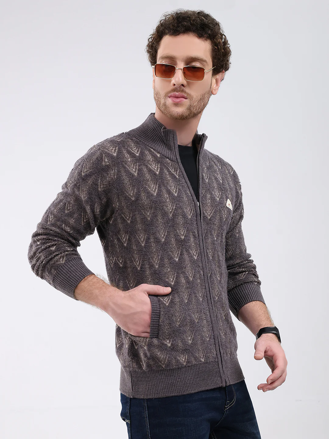 Men Dark Grey Self Design Mock Neck Full Sleeve Pullover - Image 4