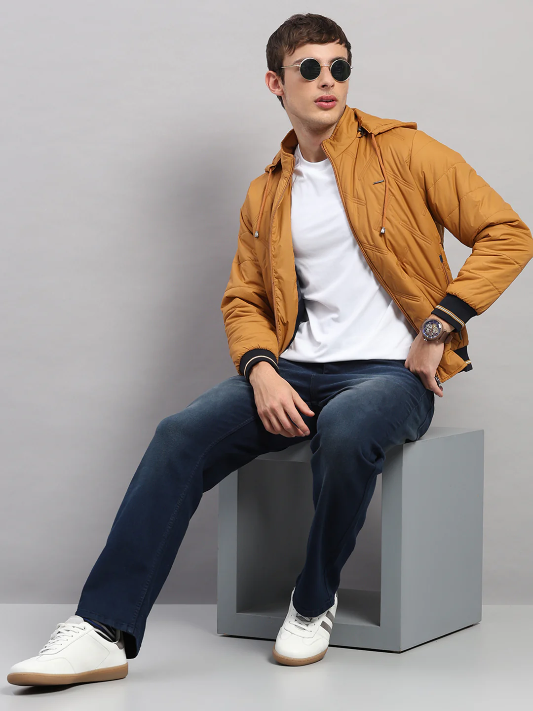 Men Golden Yellow Solid Hooded Full Sleeve Jacket - Image 2