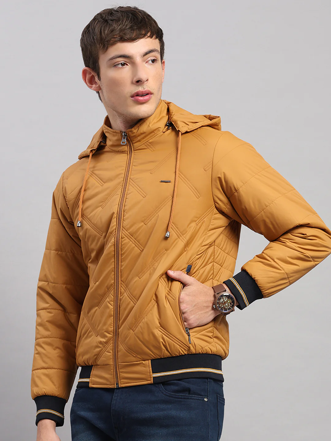 Men Golden Yellow Solid Hooded Full Sleeve Jacket - Image 3