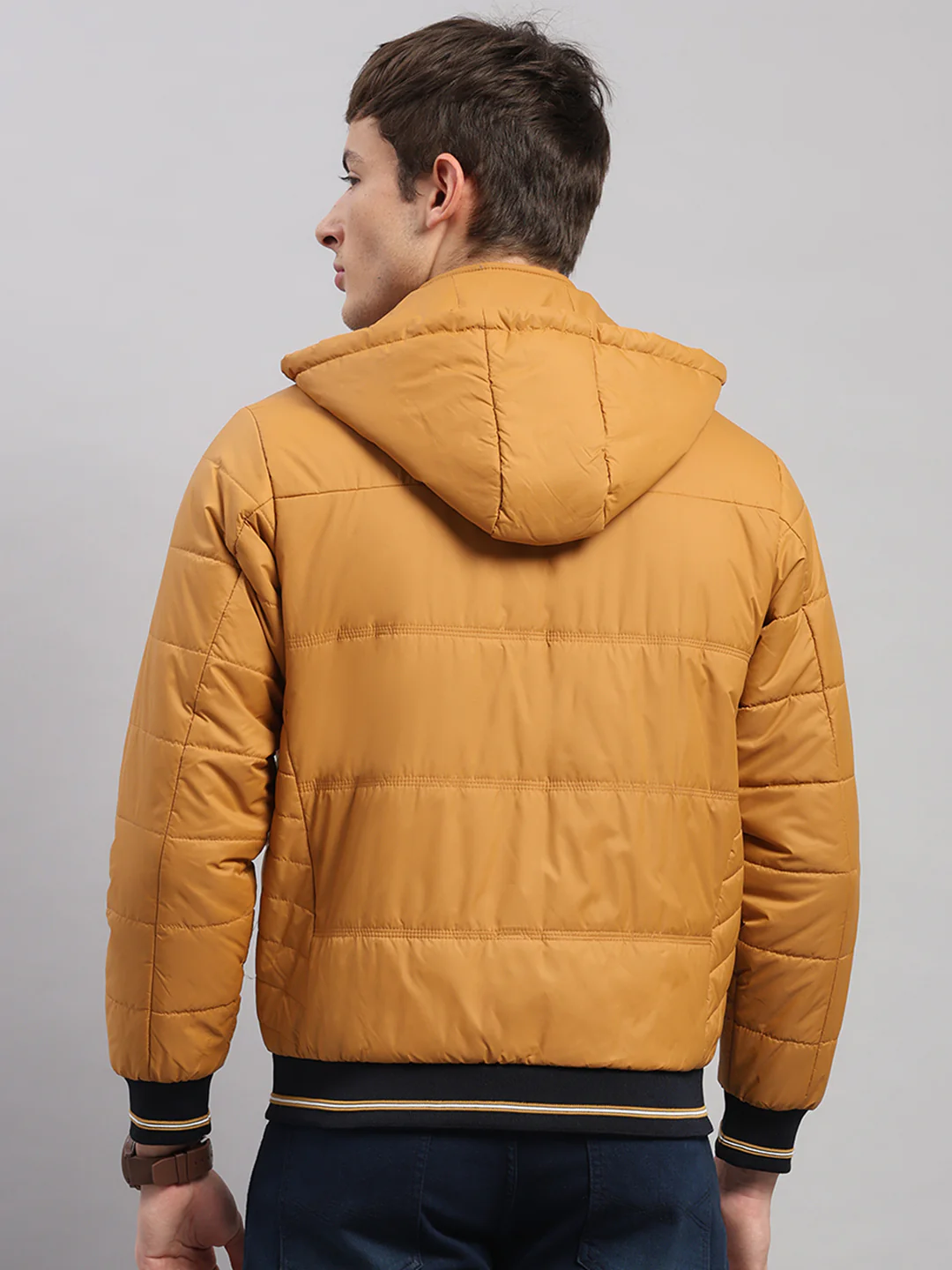 Men Golden Yellow Solid Hooded Full Sleeve Jacket - Image 5