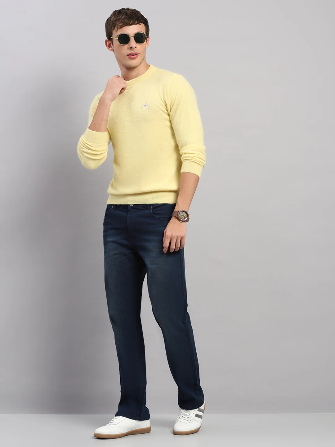 Men Golden Yellow Solid Round Neck Full Sleeve Pullover - Image 2