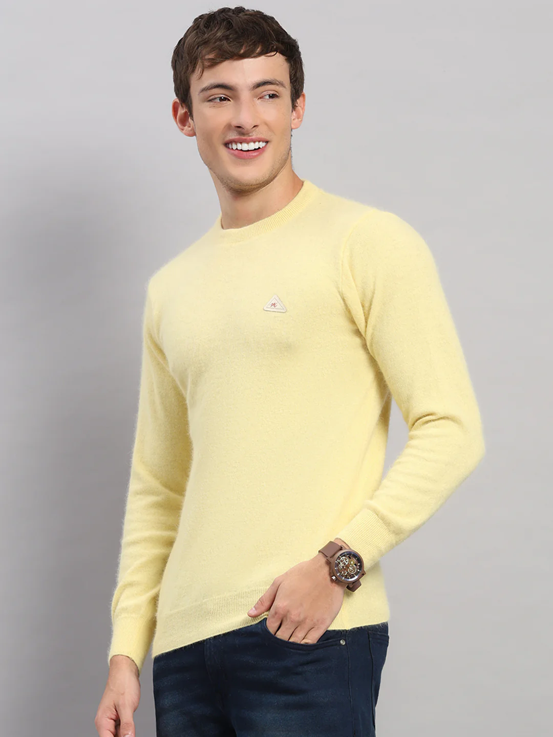 Men Golden Yellow Solid Round Neck Full Sleeve Pullover - Image 3