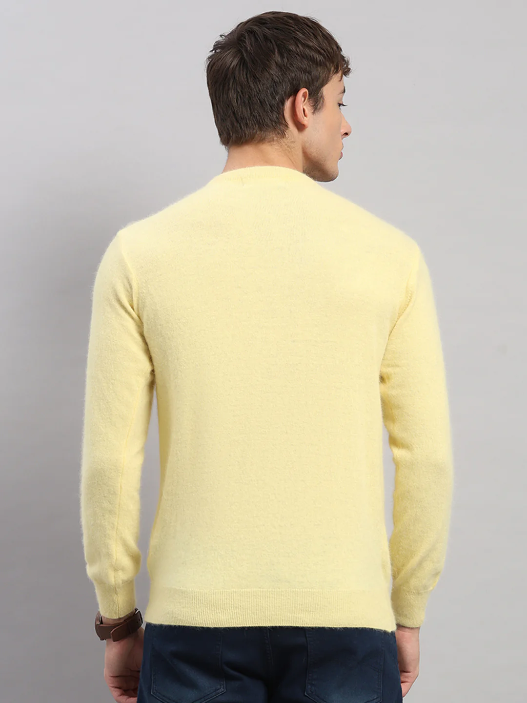 Men Golden Yellow Solid Round Neck Full Sleeve Pullover - Image 5