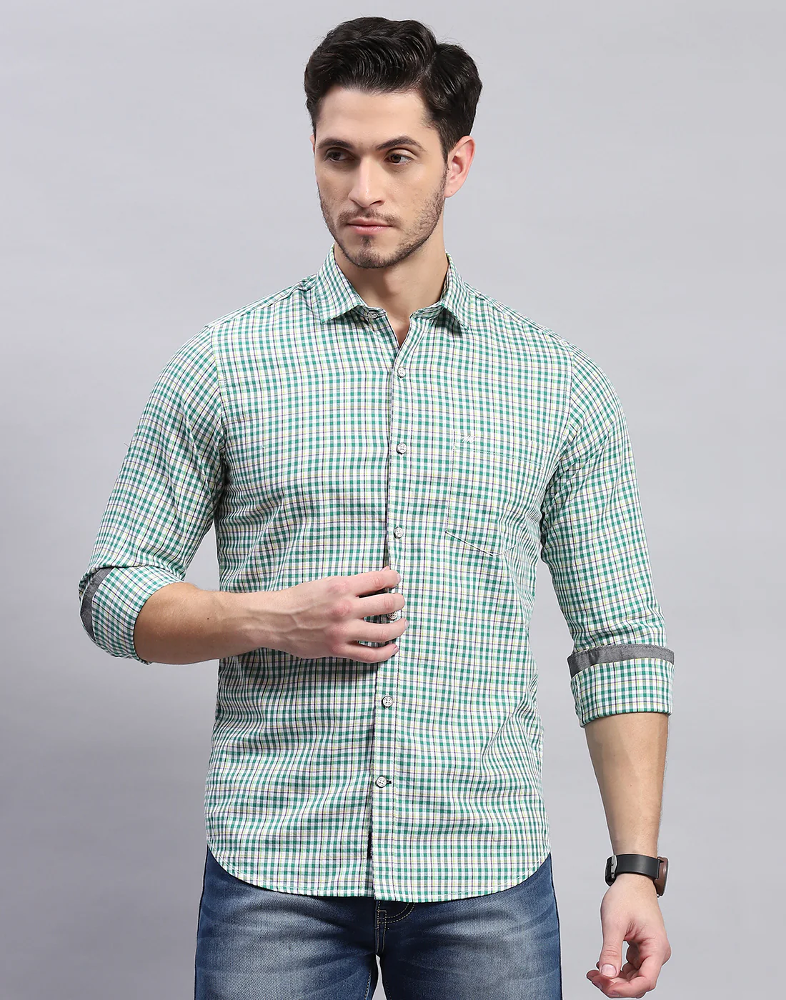 Men Green Check Collar Full Sleeve Shirt - Image 3