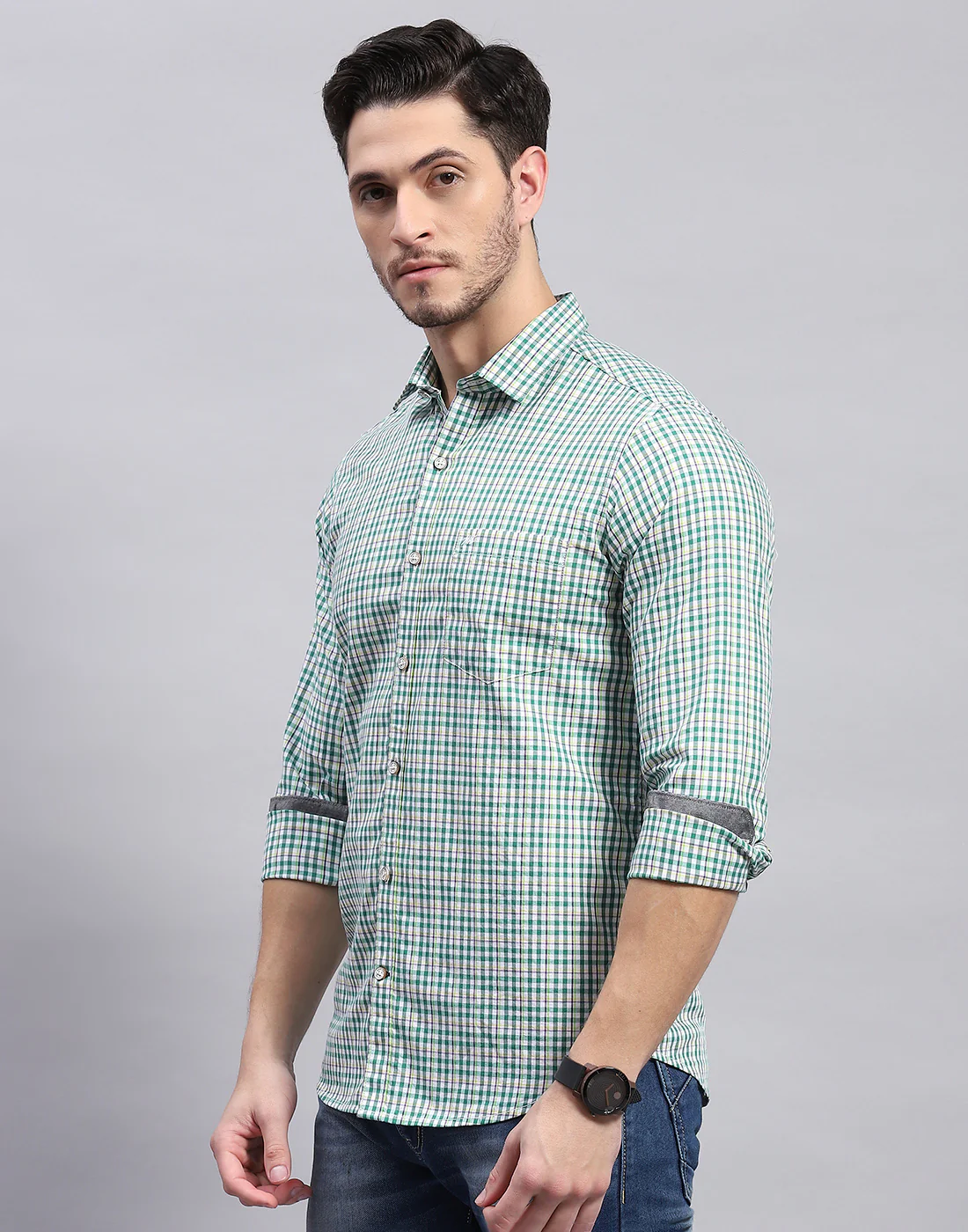 Men Green Check Collar Full Sleeve Shirt - Image 4