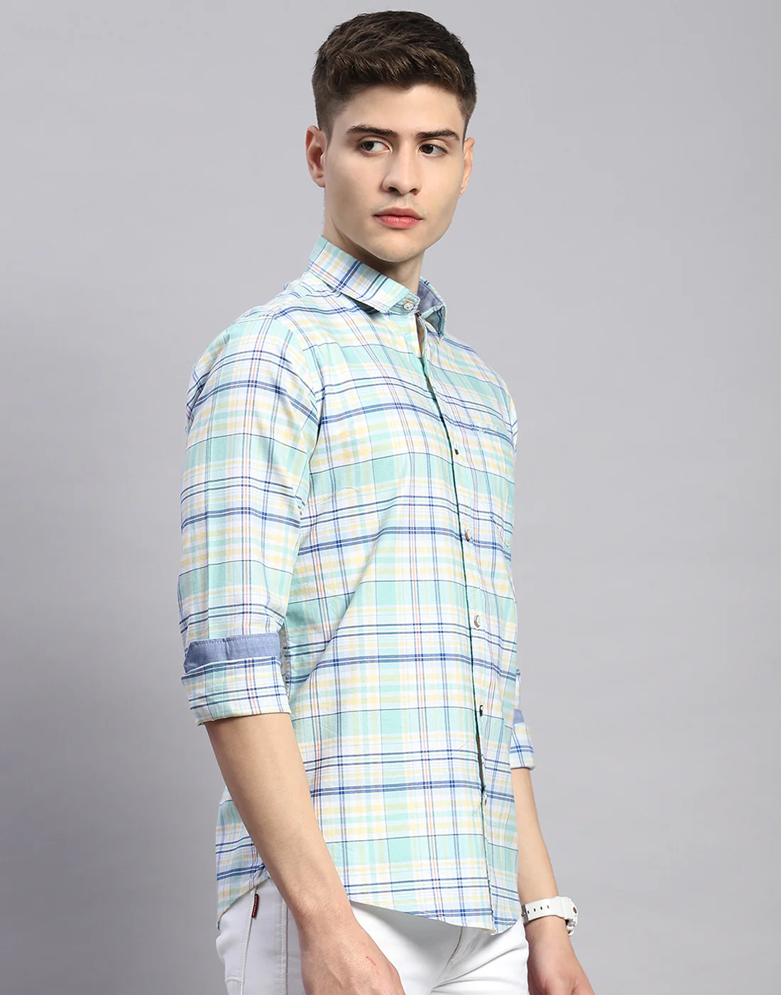 Men Green Check Collar Full Sleeve Shirt - Image 4