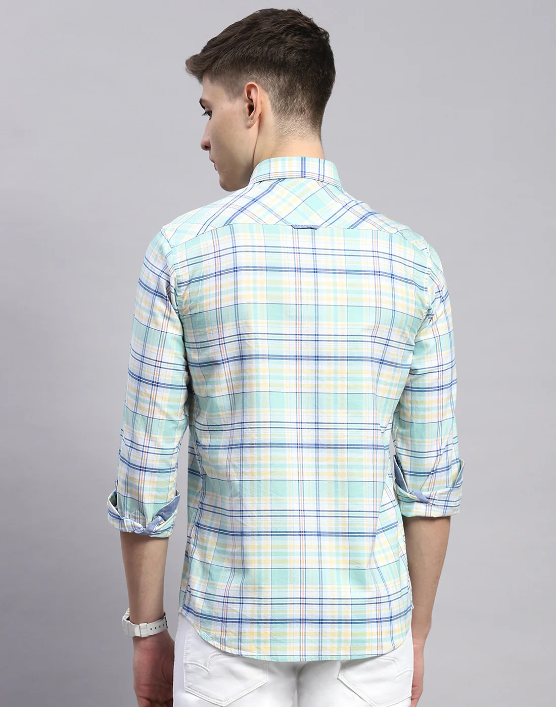 Men Green Check Collar Full Sleeve Shirt - Image 5