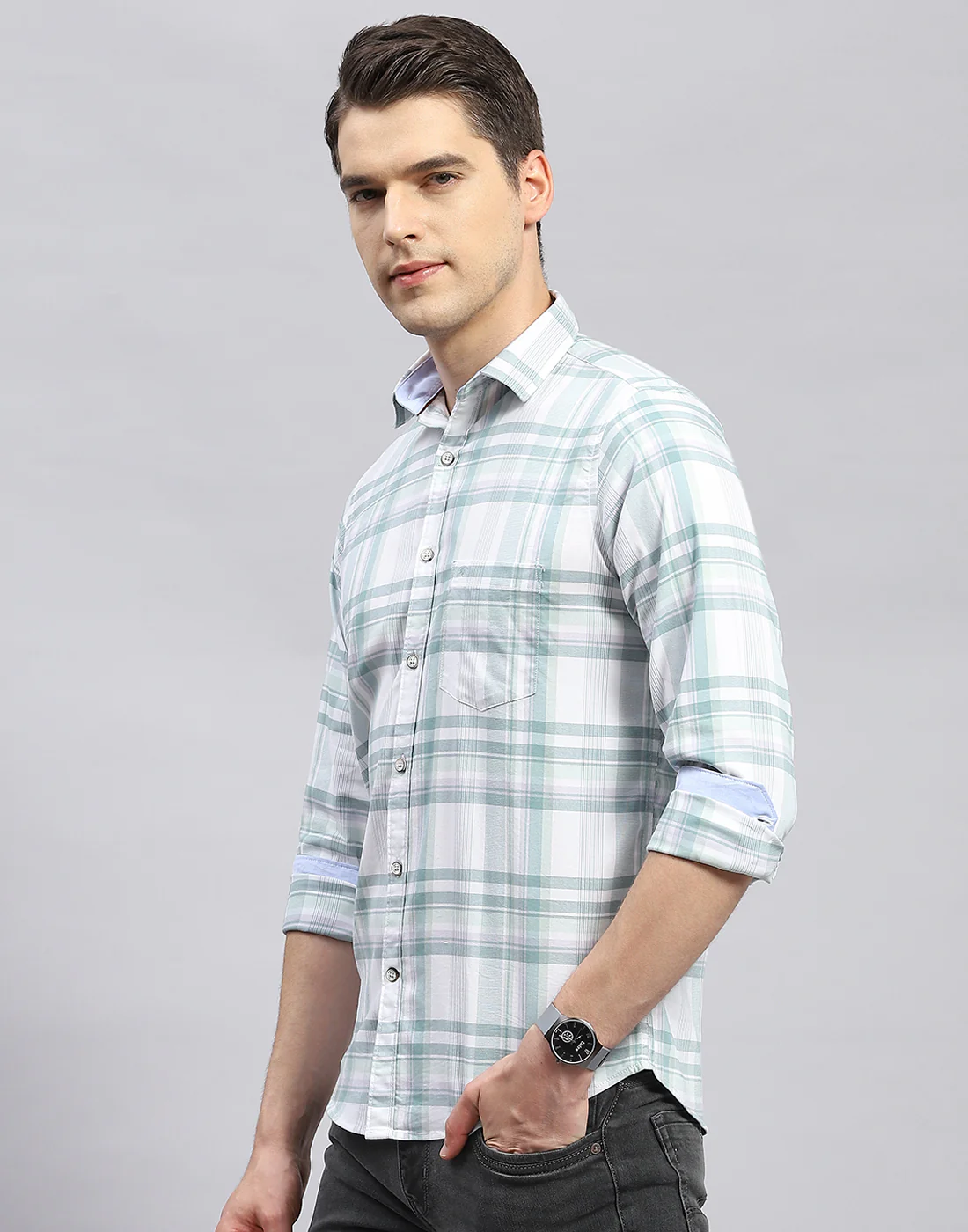 Men Green Check Collar Full Sleeve Shirt - Image 4