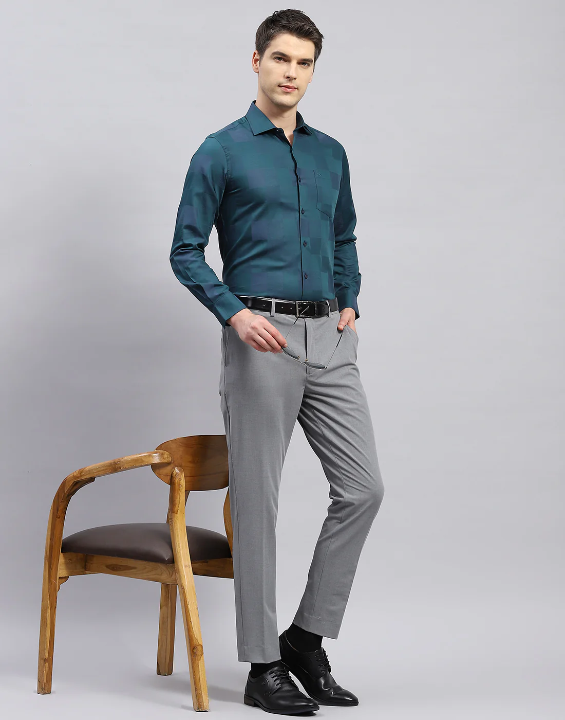 Men Green Check Collar Full Sleeve Shirt - Image 2