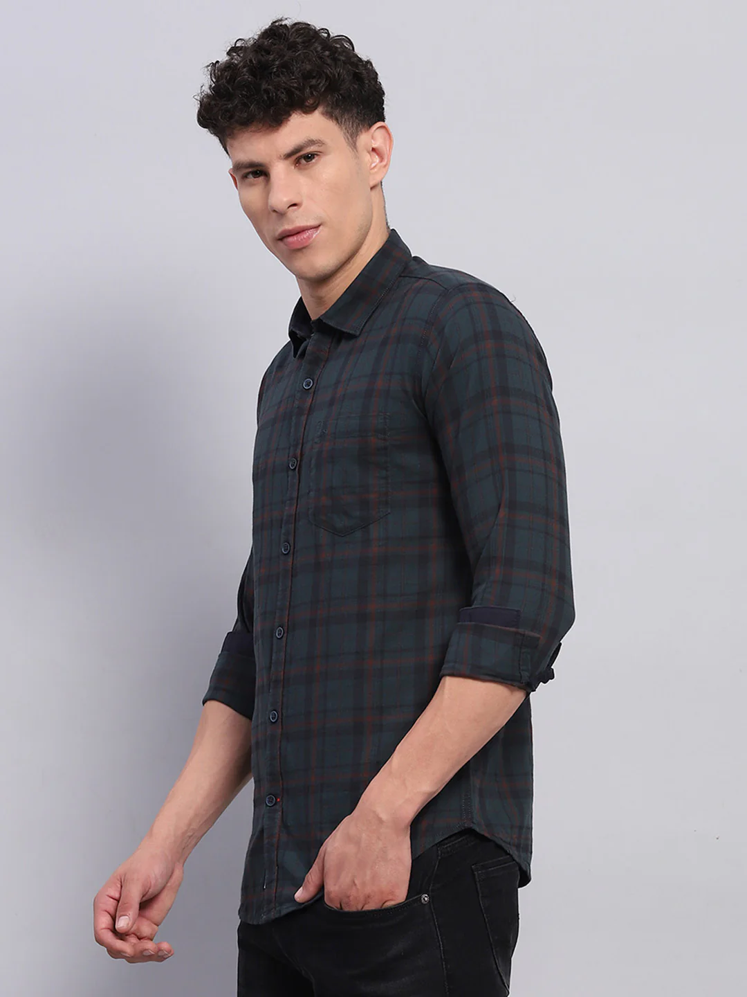 Men Green Check Collar Full Sleeve Shirt - Image 3
