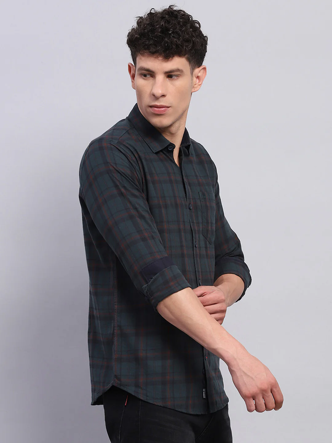 Men Green Check Collar Full Sleeve Shirt - Image 4