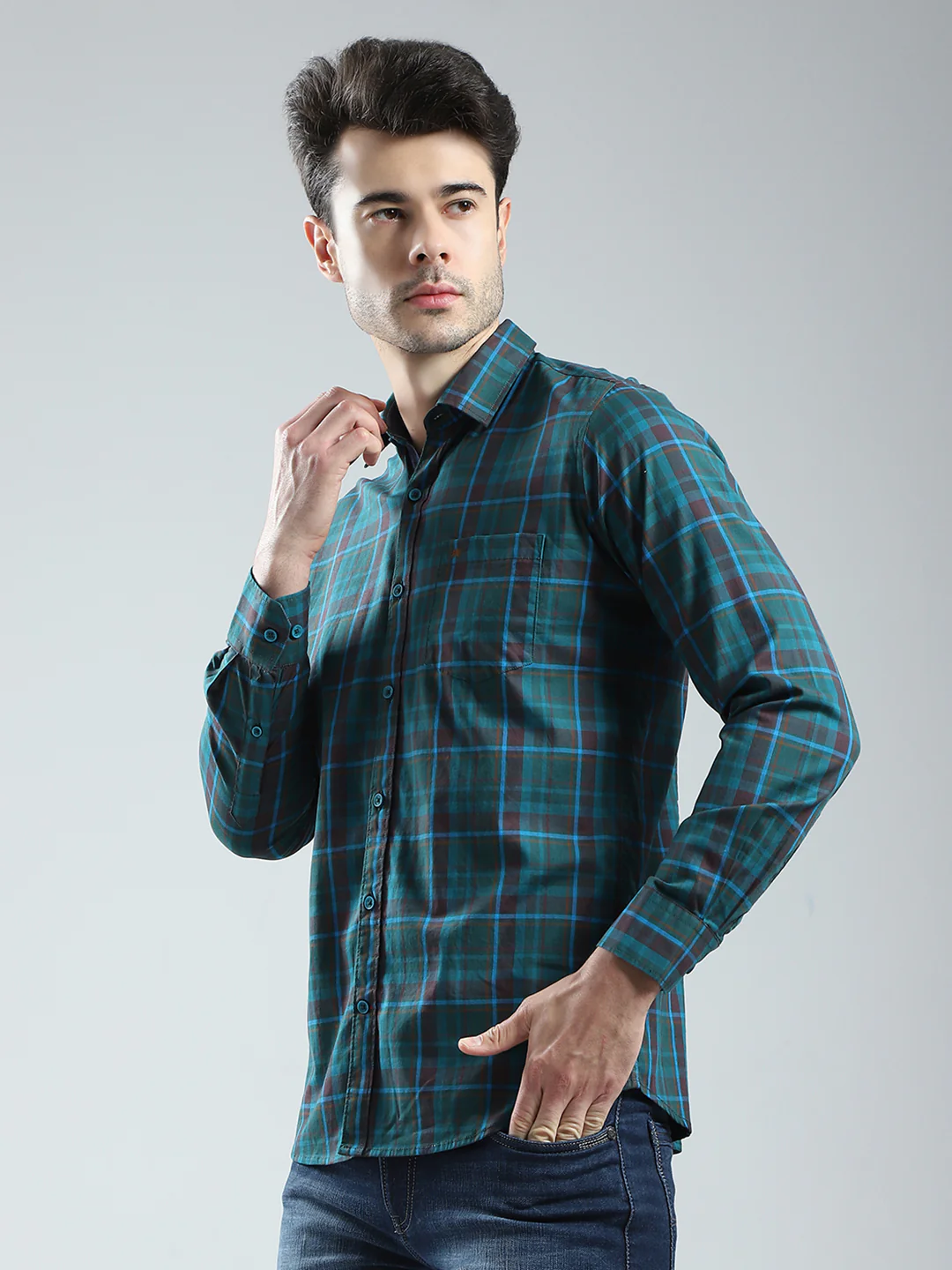 Men Green Check Collar Full Sleeve Shirt - Image 3