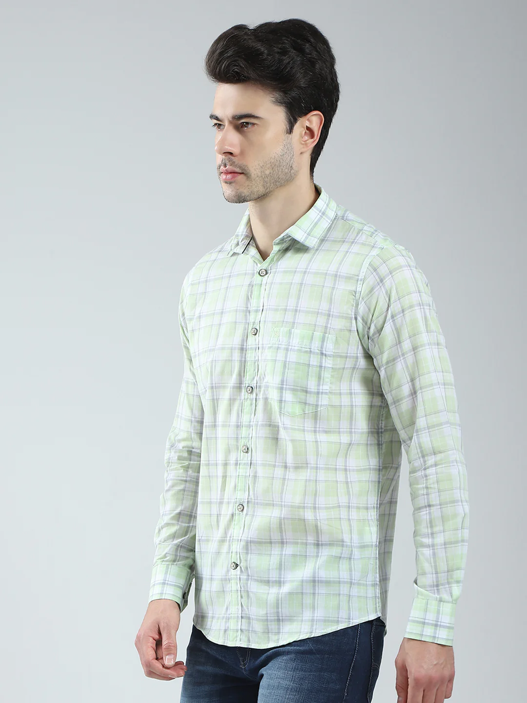 Men Green Check Collar Full Sleeve Shirt - Image 3