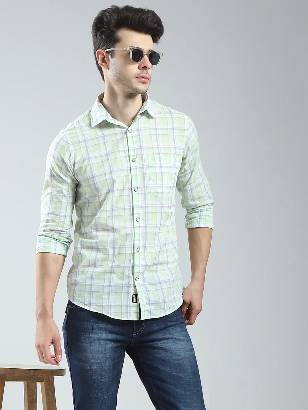 Men Green Check Collar Full Sleeve Shirt - Image 6