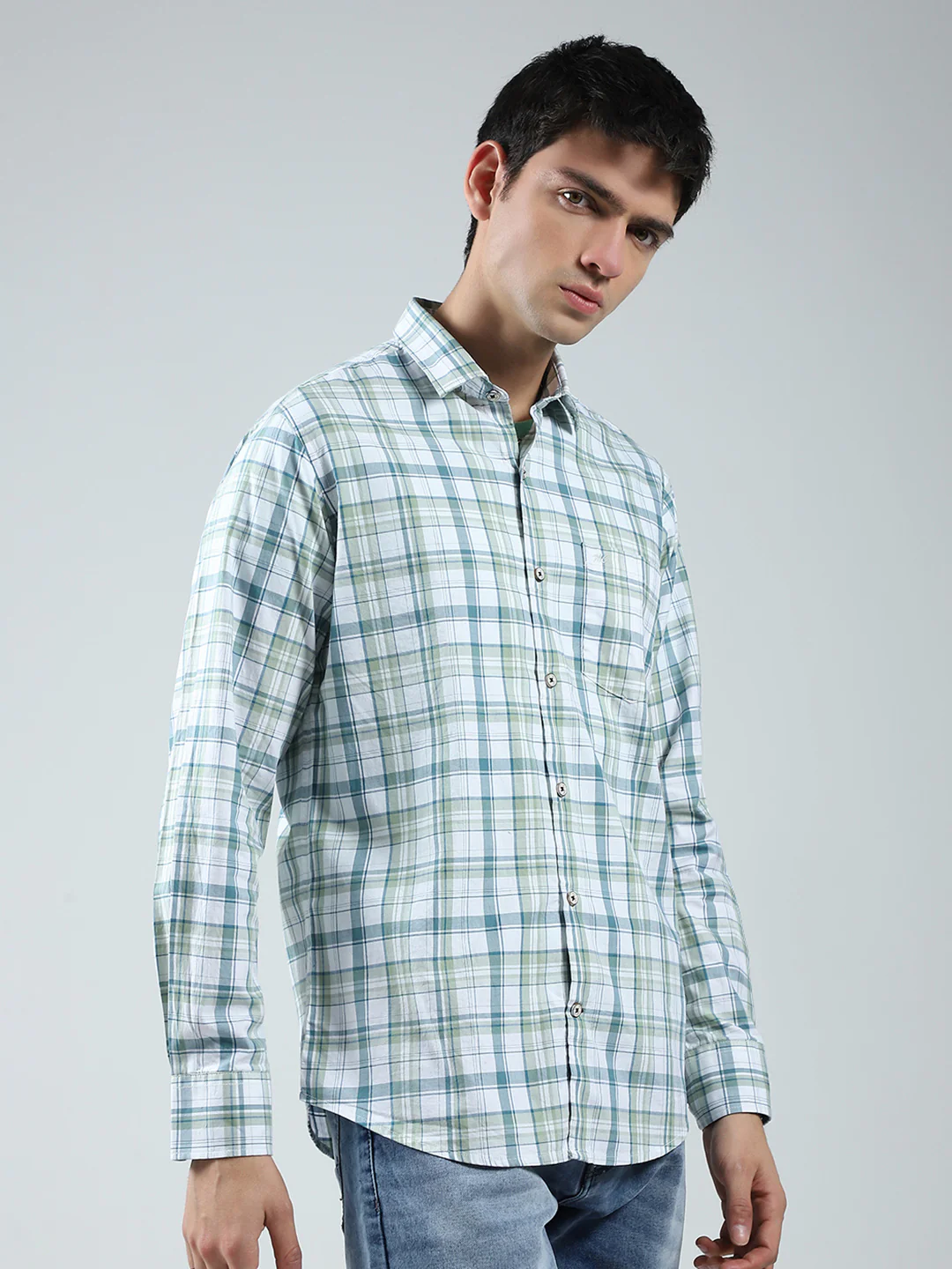 Men Green Check Collar Full Sleeve Shirt - Image 4
