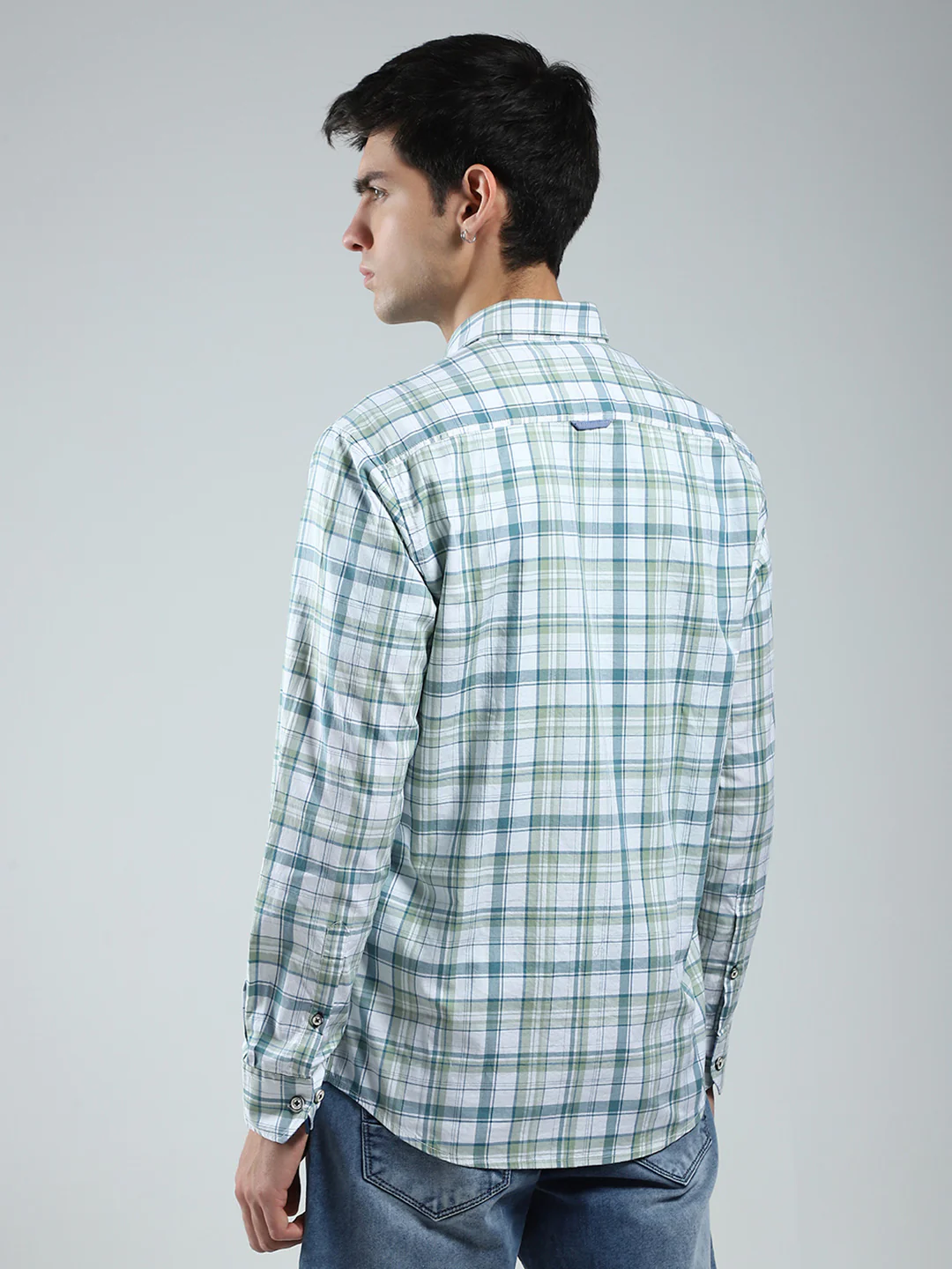 Men Green Check Collar Full Sleeve Shirt - Image 5