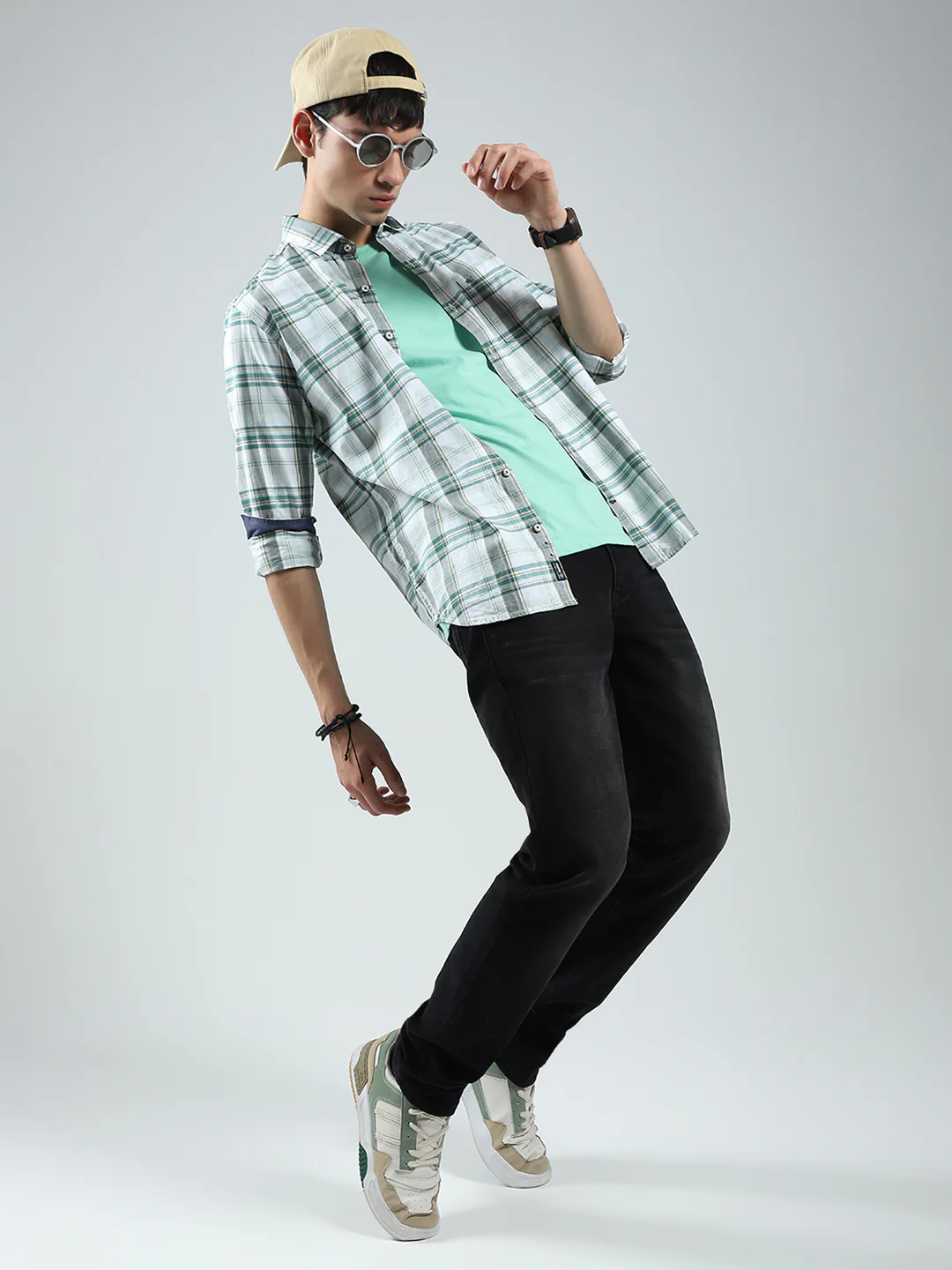 Men Green Check Collar Full Sleeve Shirt - Image 2