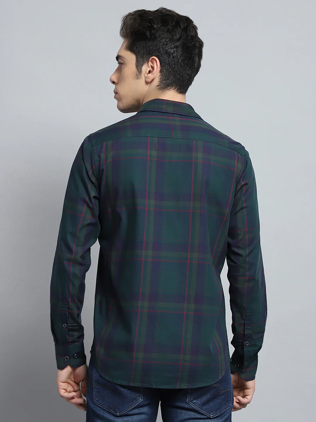 Men Green Check Collar Full Sleeve Shirt - Image 5