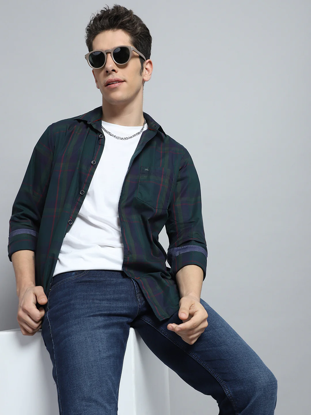 Men Green Check Collar Full Sleeve Shirt - Image 6