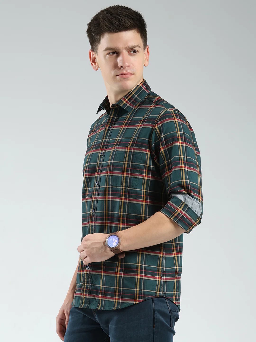 Men Green Check Collar Full Sleeve Shirt - Image 3