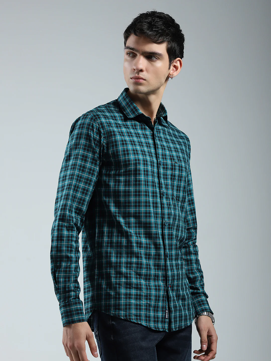 Men Green Check Collar Full Sleeve Shirt - Image 4