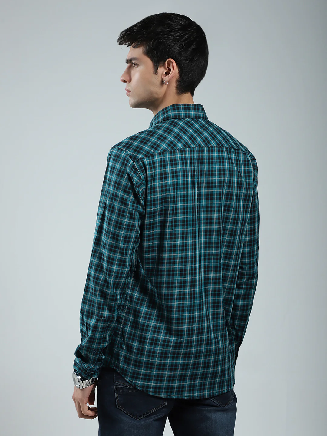 Men Green Check Collar Full Sleeve Shirt - Image 5