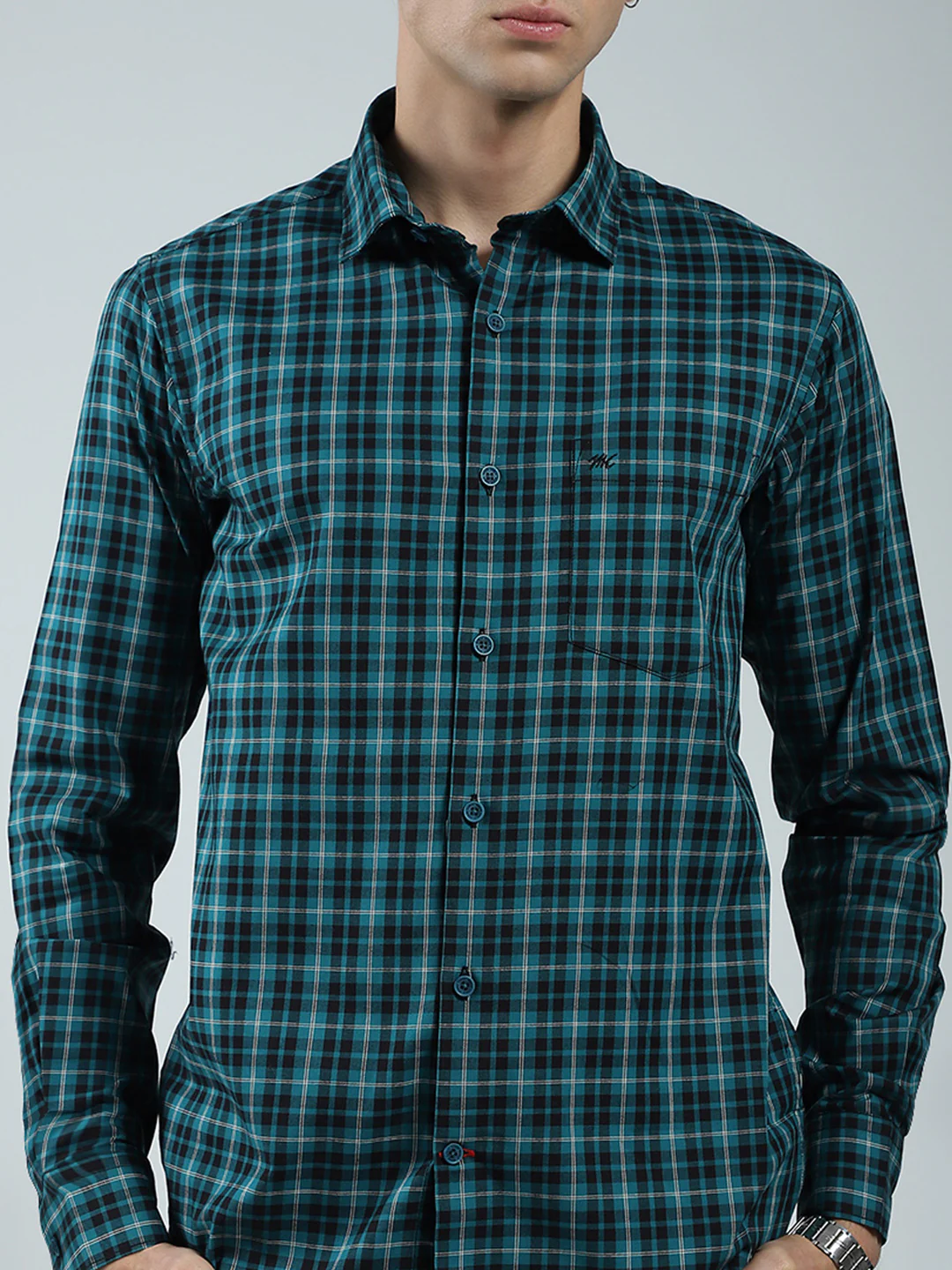 Men Green Check Collar Full Sleeve Shirt - Image 7