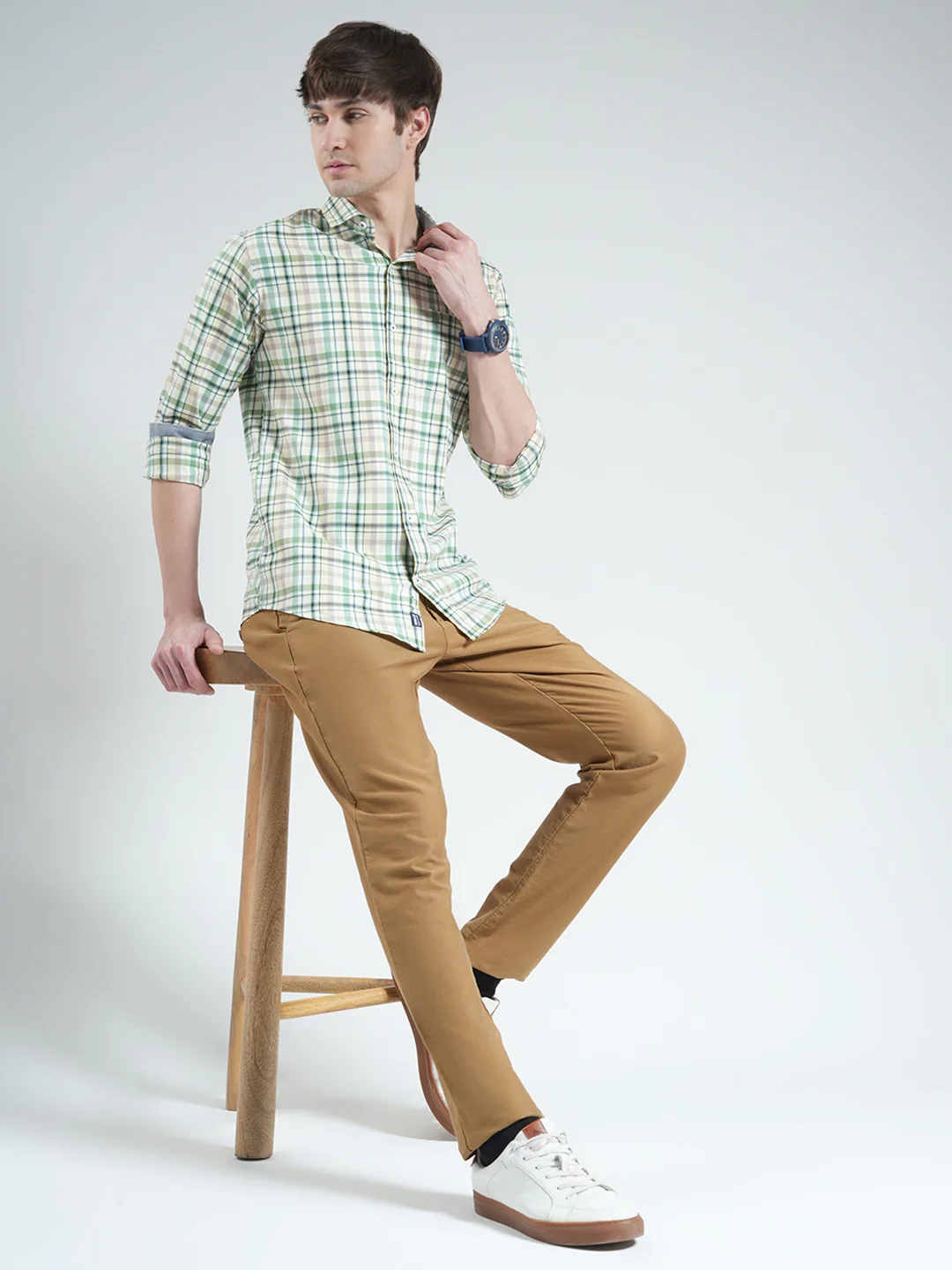 Men Green Check Collar Full Sleeve Shirt - Image 2