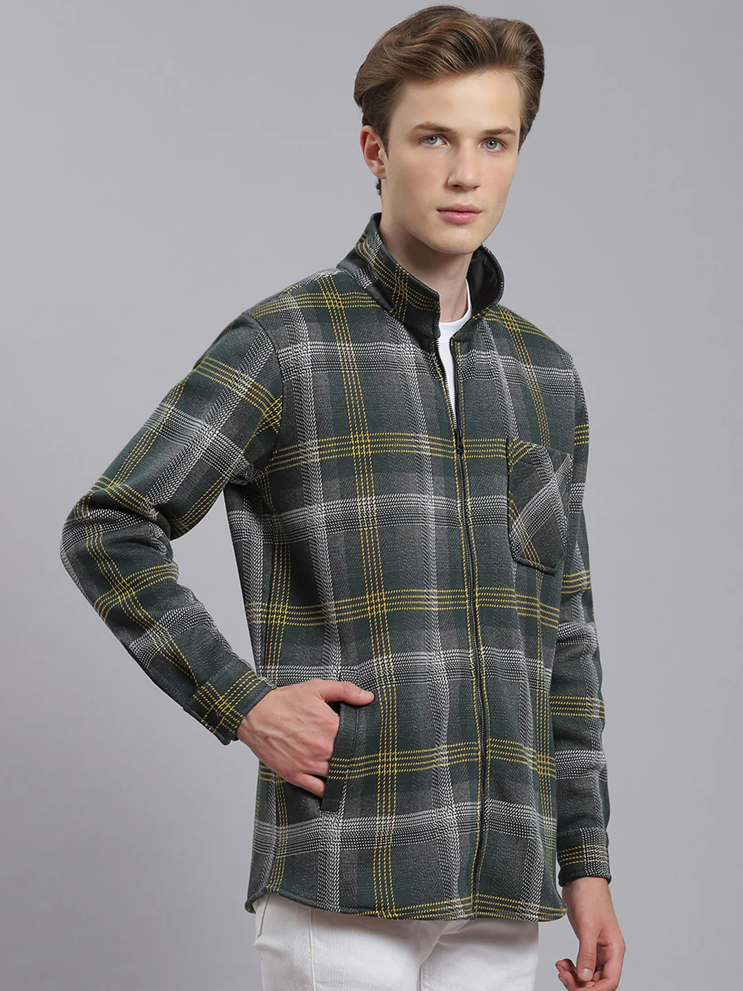 Men Green Check Collar Full Sleeve Sweatshirt - Image 3