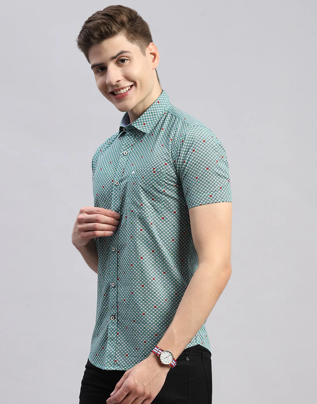 Men Green Check Collar Half Sleeve Shirt - Image 3