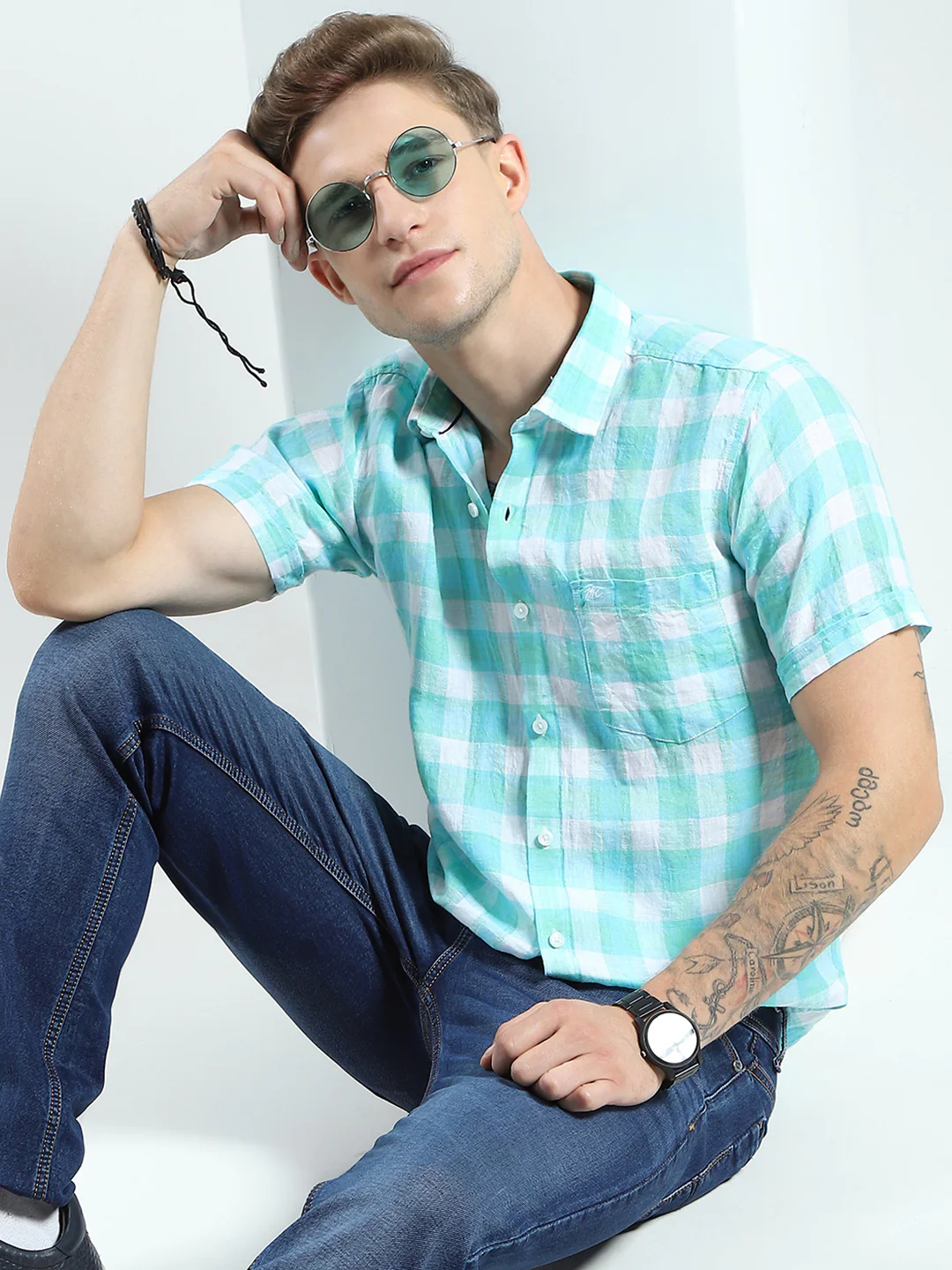 Men Green Check Collar Half Sleeve Linen Shirt - Image 6