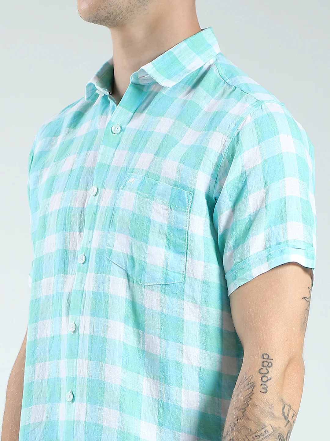 Men Green Check Collar Half Sleeve Linen Shirt - Image 7