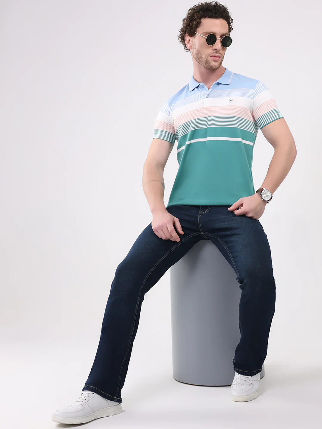 Men Green Check Collar Half Sleeve T-Shirt - Image 2