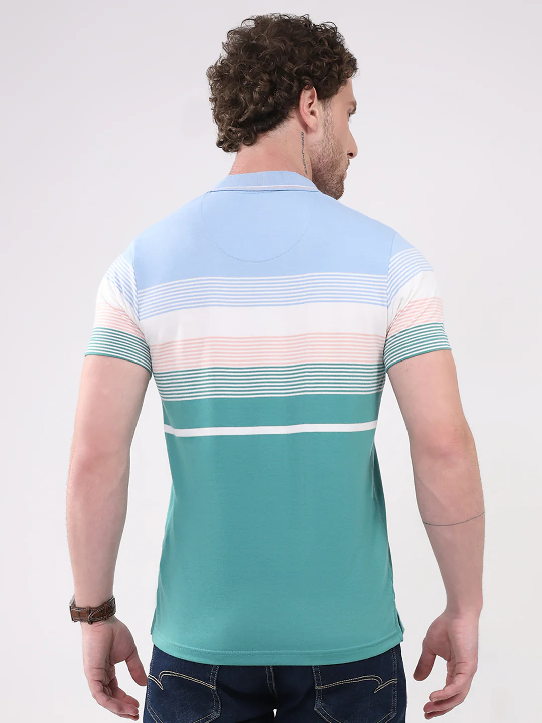 Men Green Check Collar Half Sleeve T-Shirt - Image 5