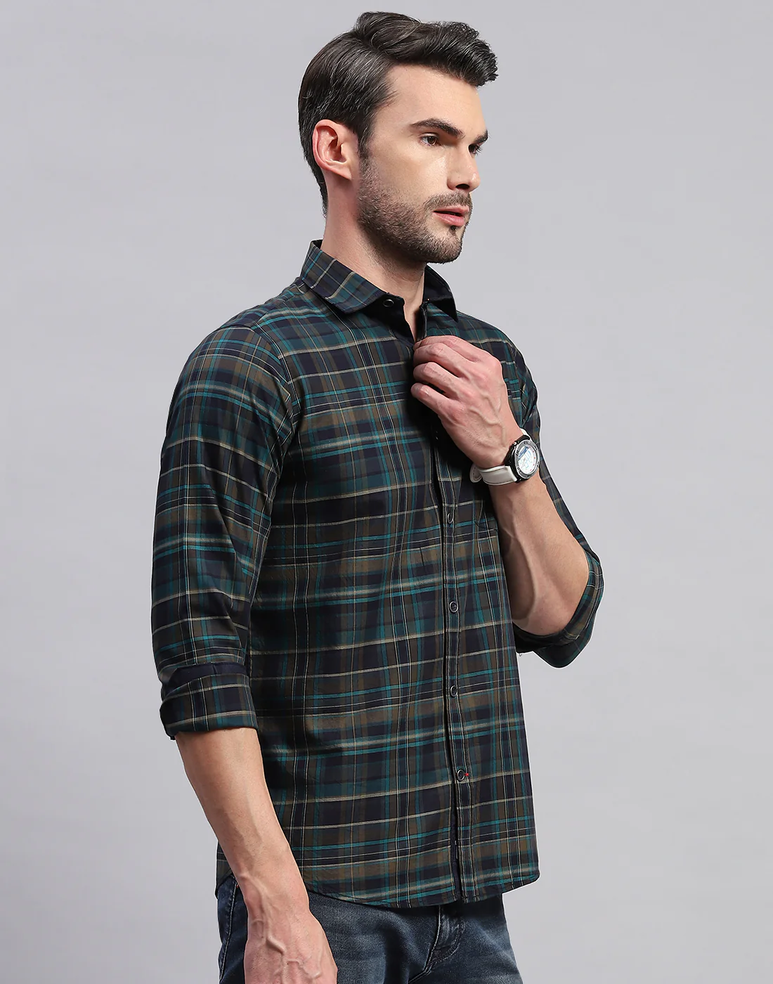 Men Green Check Collar Neck Full Sleeve Shirt - Image 4