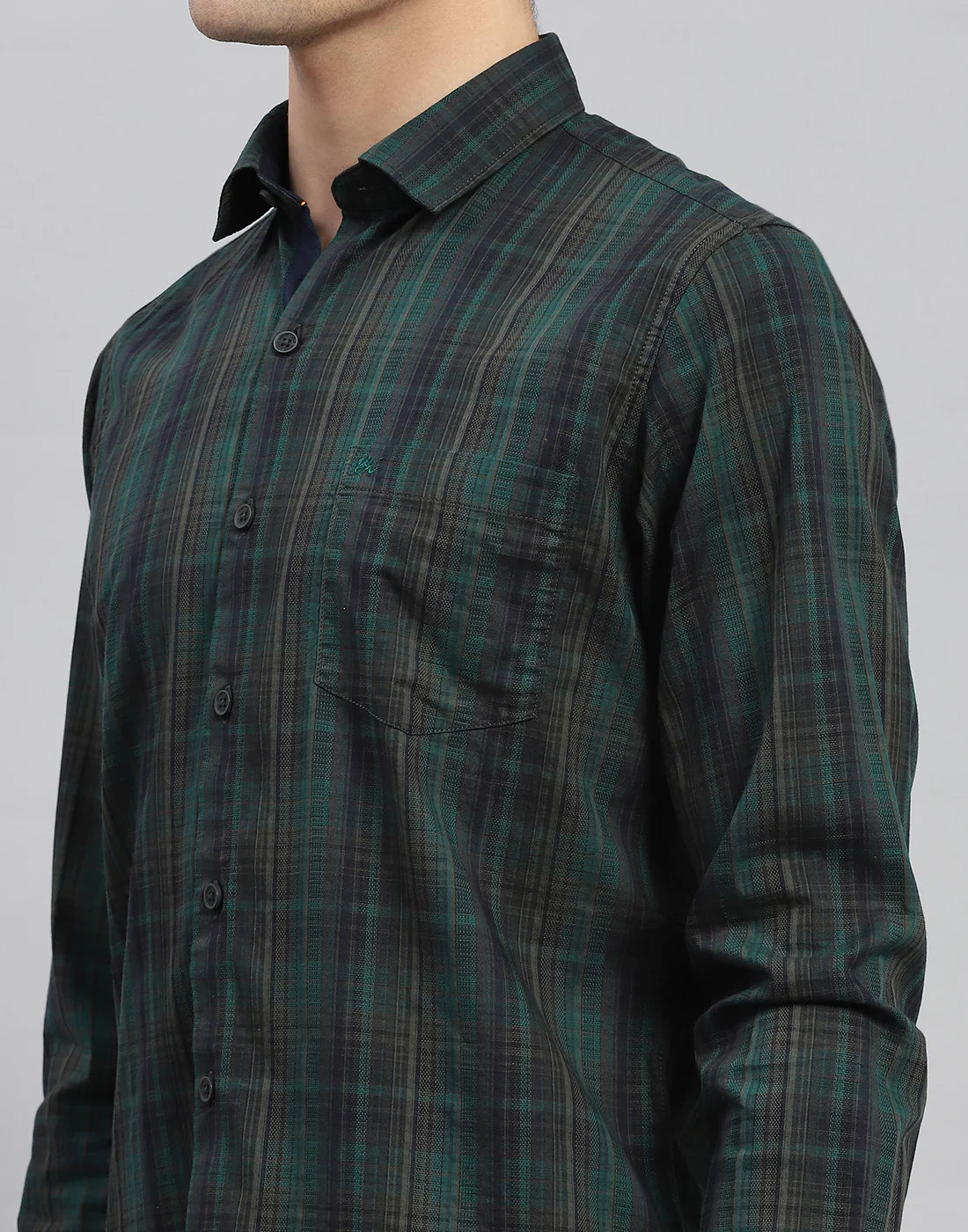 Men Green Check Collar Neck Full Sleeve Shirt - Image 7