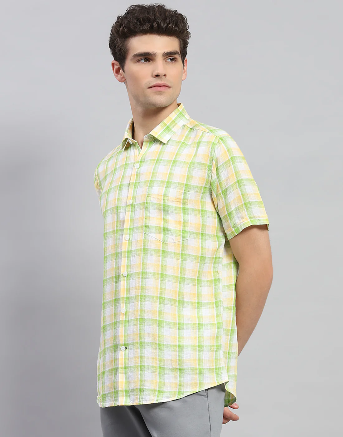 Men Green Check Collar Neck Half Sleeve Linen Shirt - Image 3